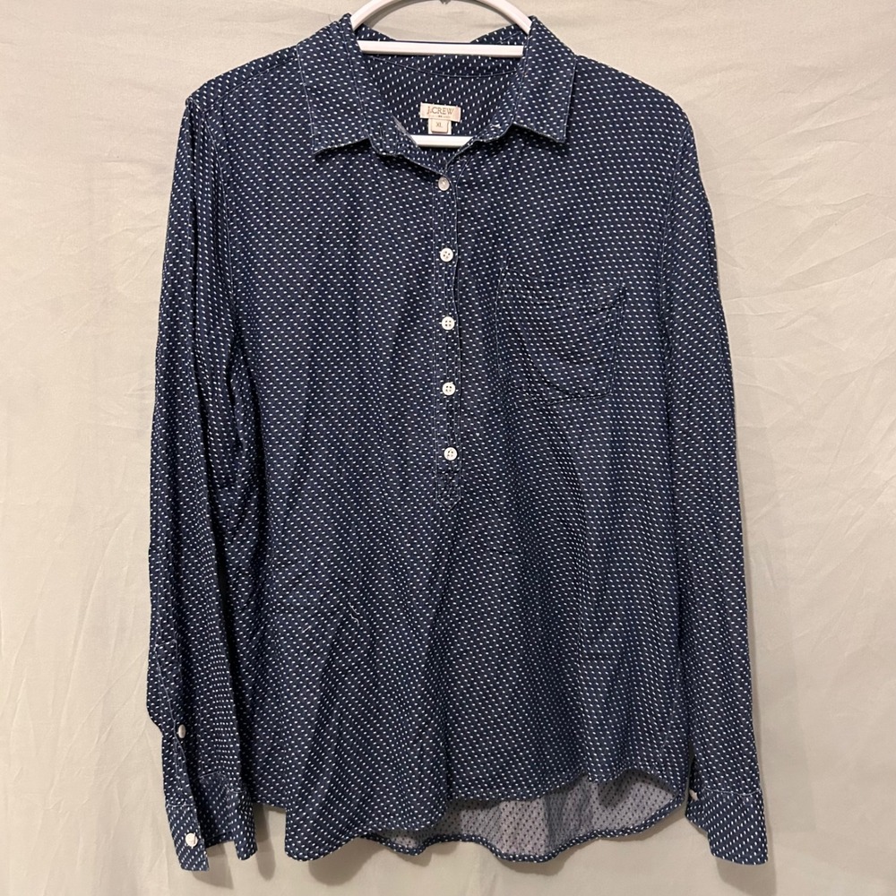 J.Crew Womens Navy Blue White Polka Dot Cotton Popover Shirt XL Preppy